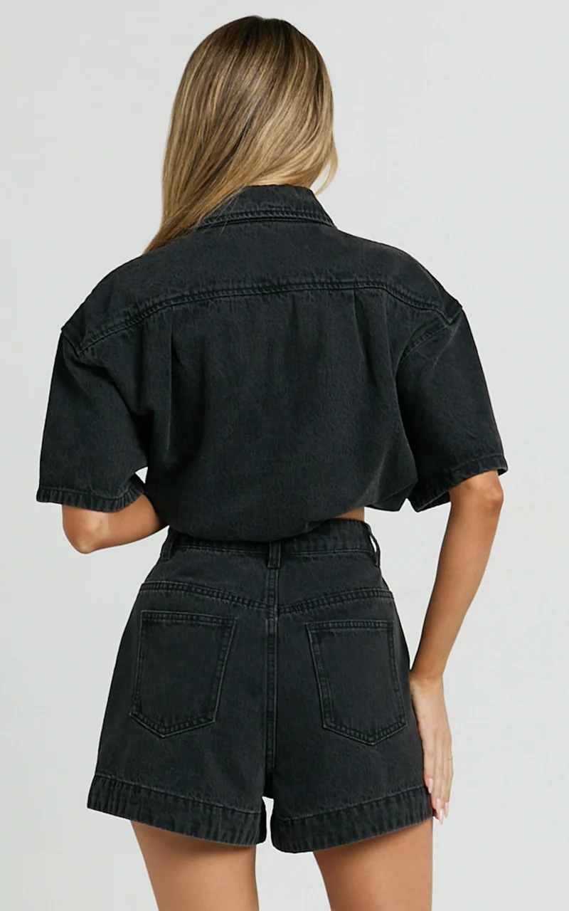 Rhianna Shorts - Mid Waist Recycled Denim Shorts in Washed Black