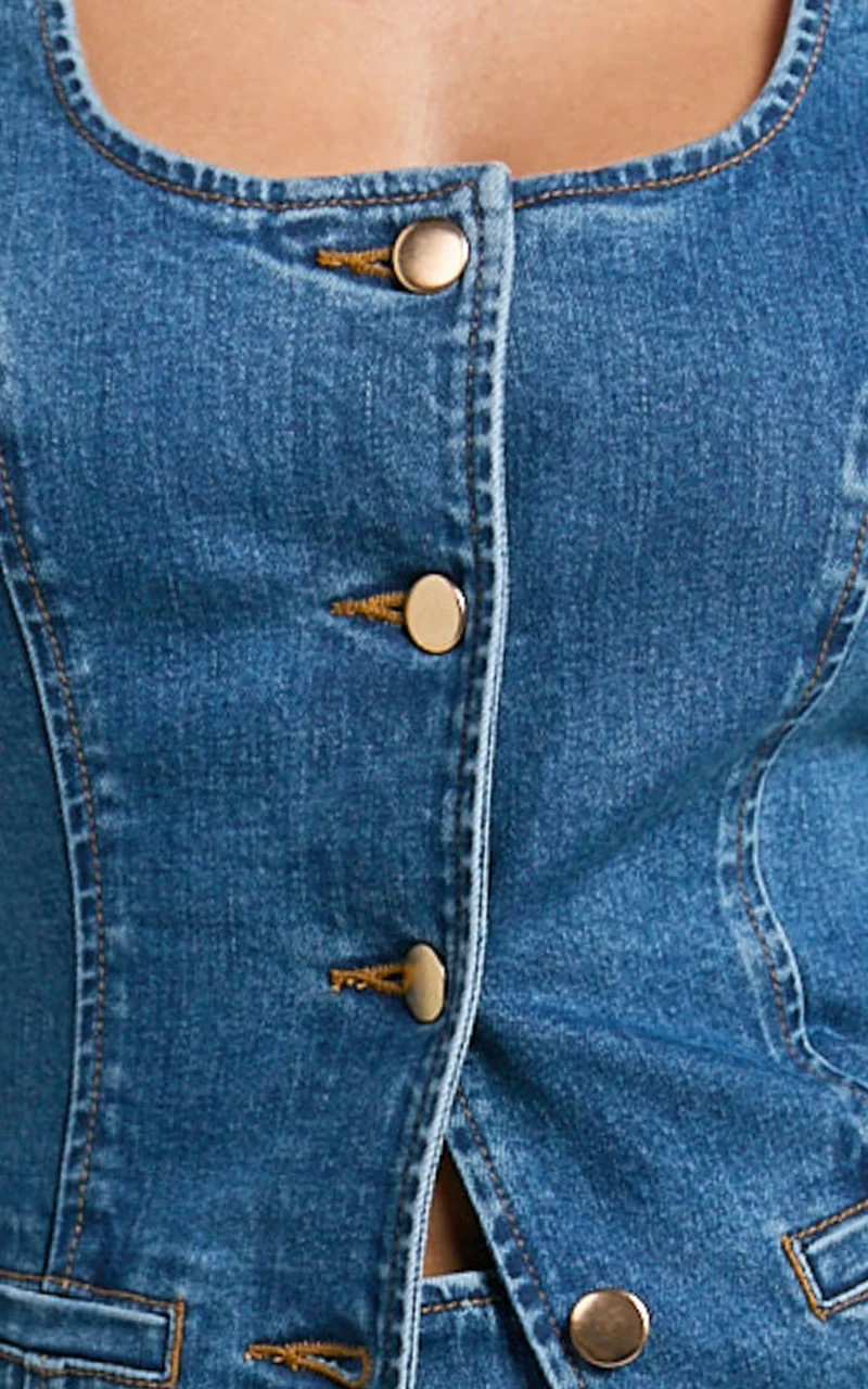 Raquel Top - Denim Scoop Neck Button Down Vest in Dark Blue Wash