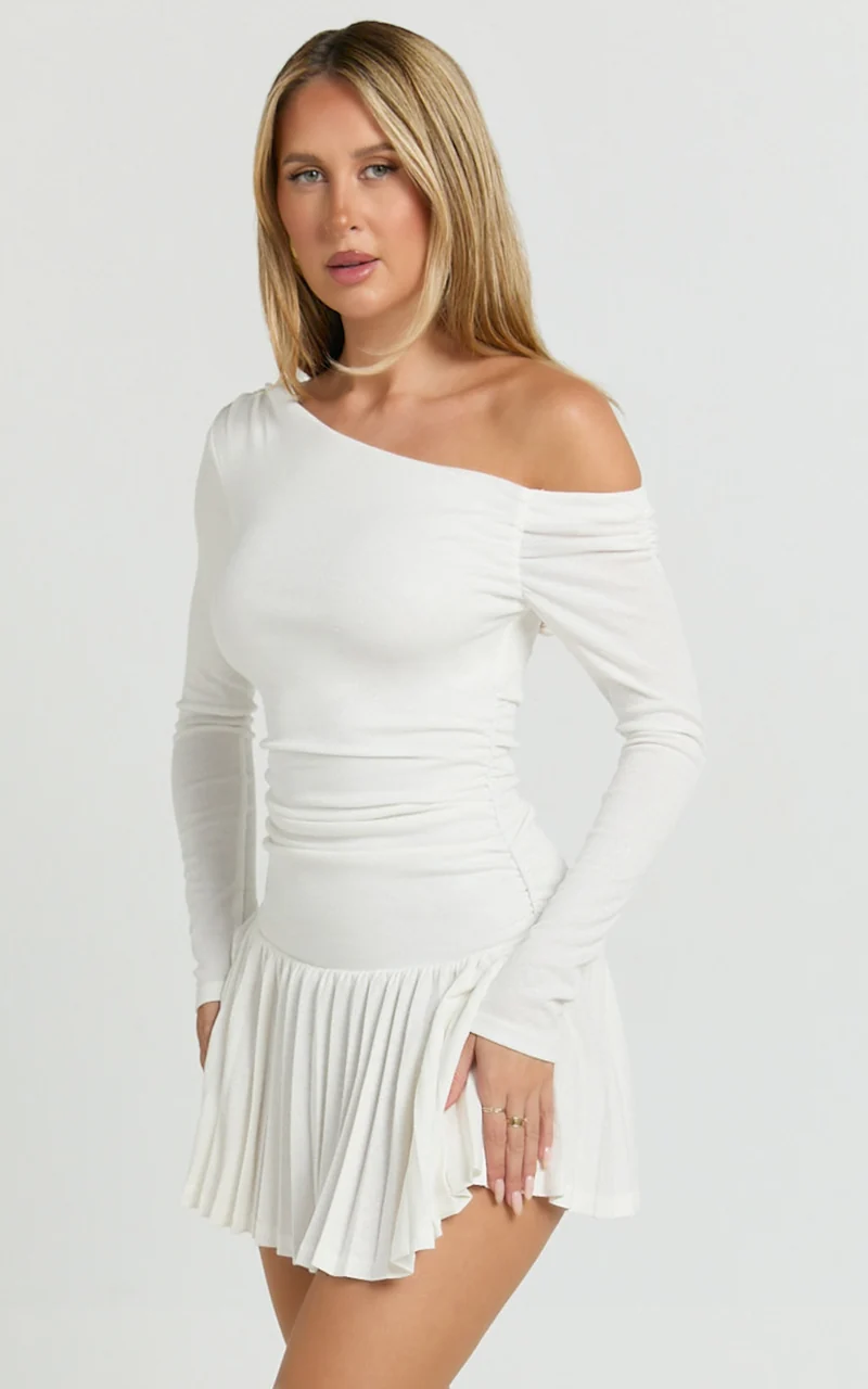 Presley Mini Dress - One Shoulder Ruched Side Pleated Fit And Flare Dress in Cream