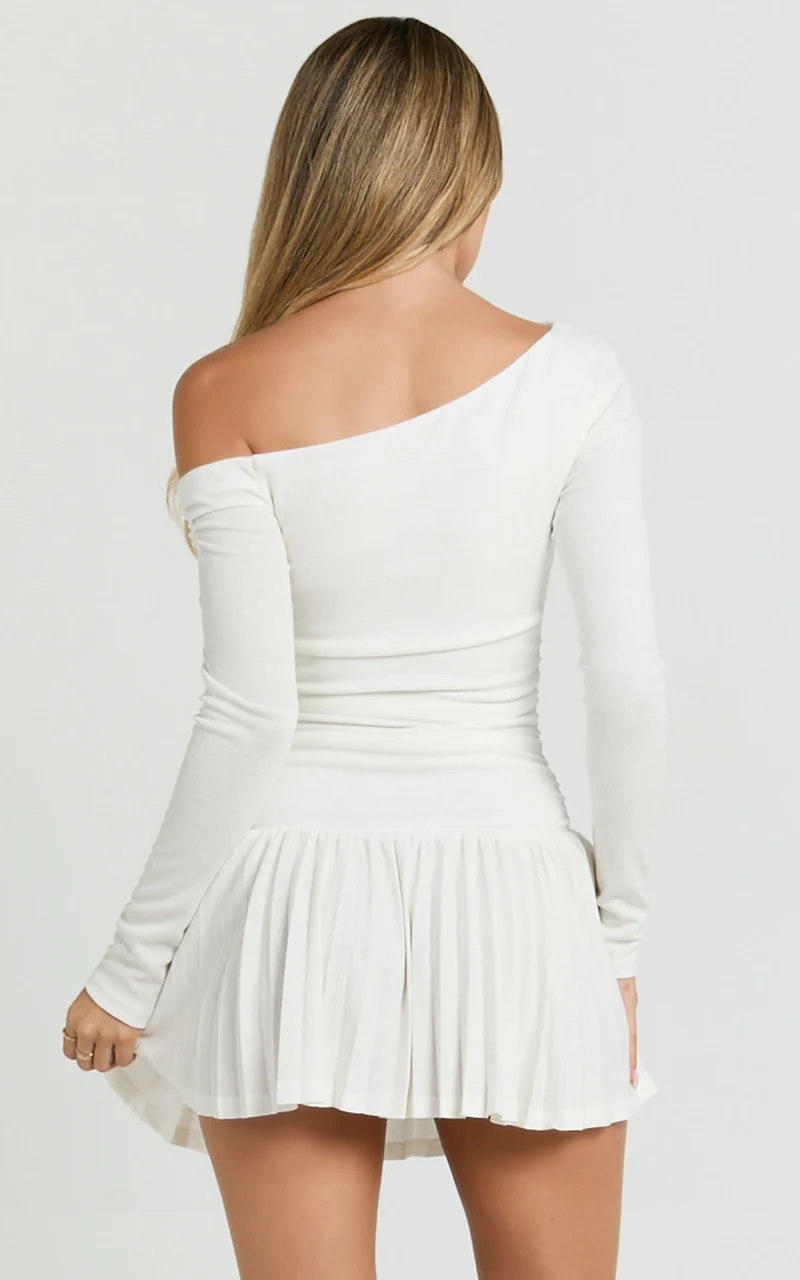 Presley Mini Dress - One Shoulder Ruched Side Pleated Fit And Flare Dress in Cream