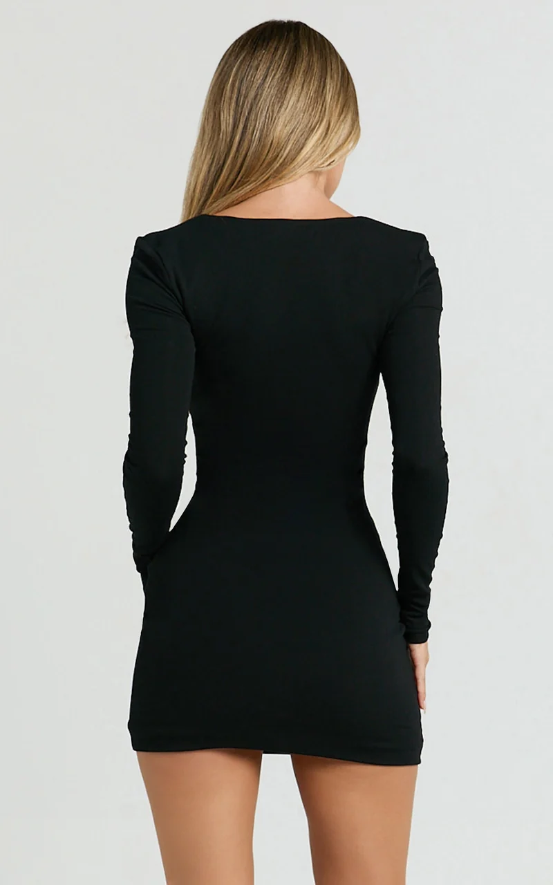 Benji Mini Dress - Square Neck Long Sleeve Bodycon Dress in Black