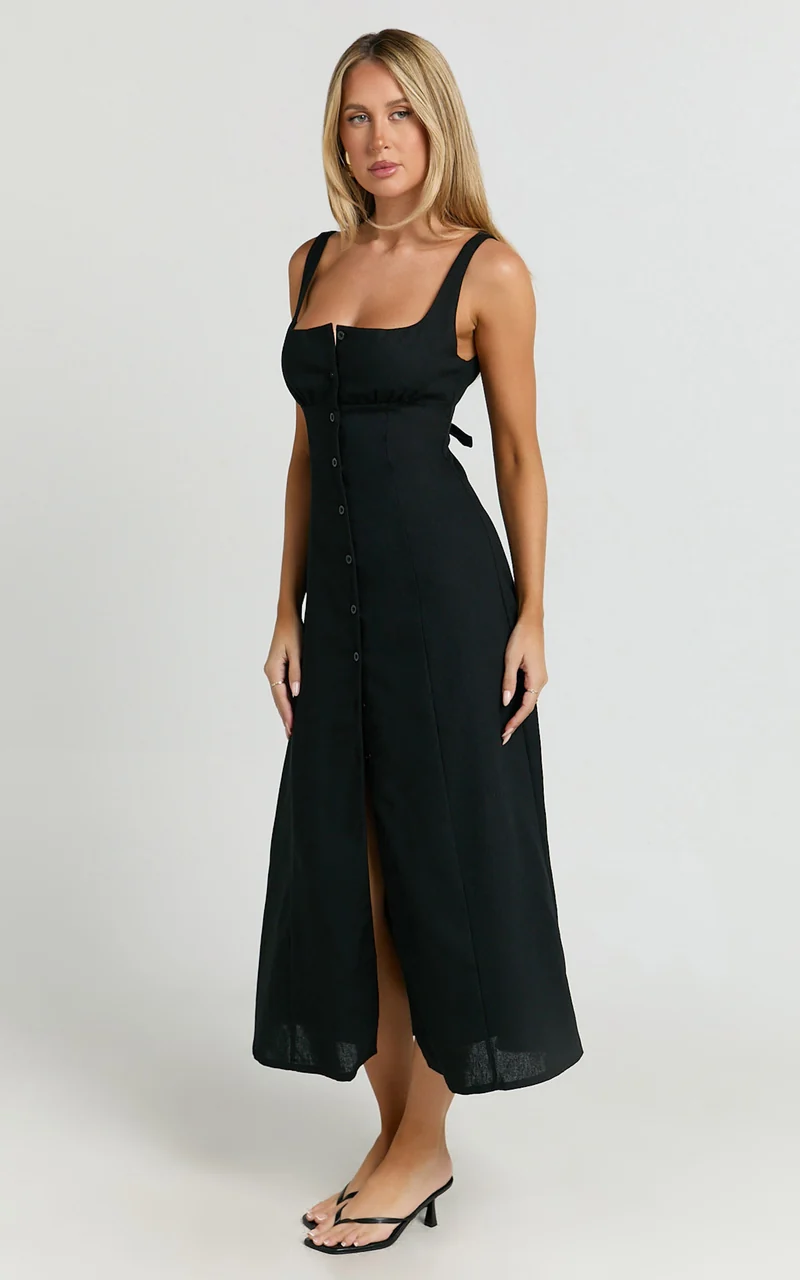 Cameron Midi Dress - Button Front Tie Back Dress in Black