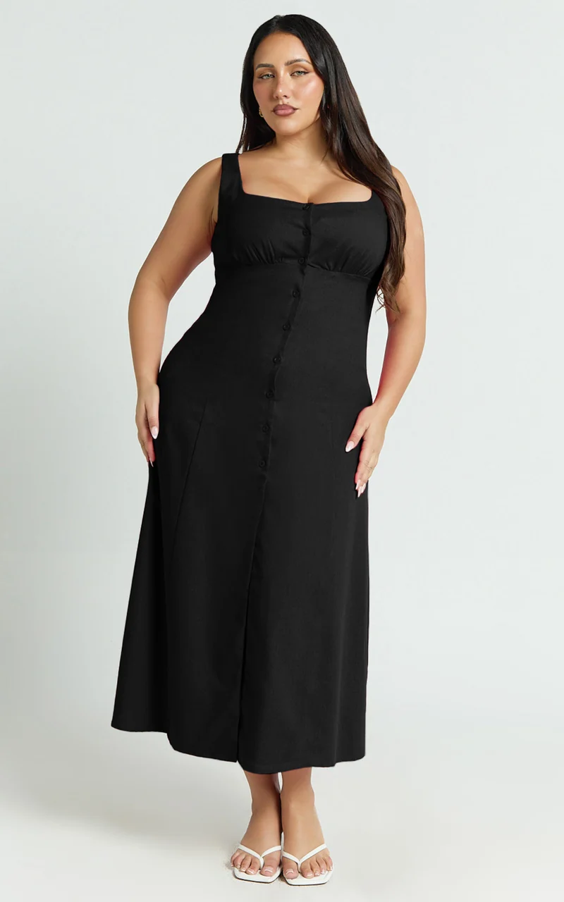 Cameron Midi Dress - Button Front Tie Back Dress in Black