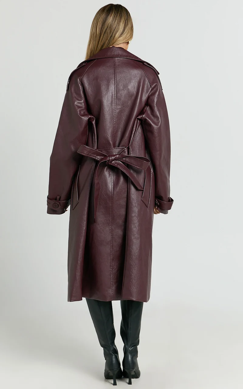 Vicki Trench Coat - Faux Leather Washed Trench Coat in Wine