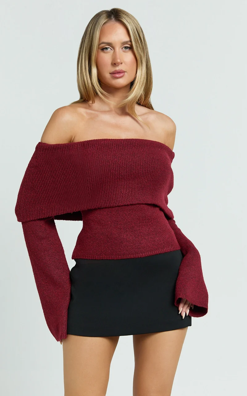 Darcie Top - Off Shoulder Long Sleeve Knit Top in Wine