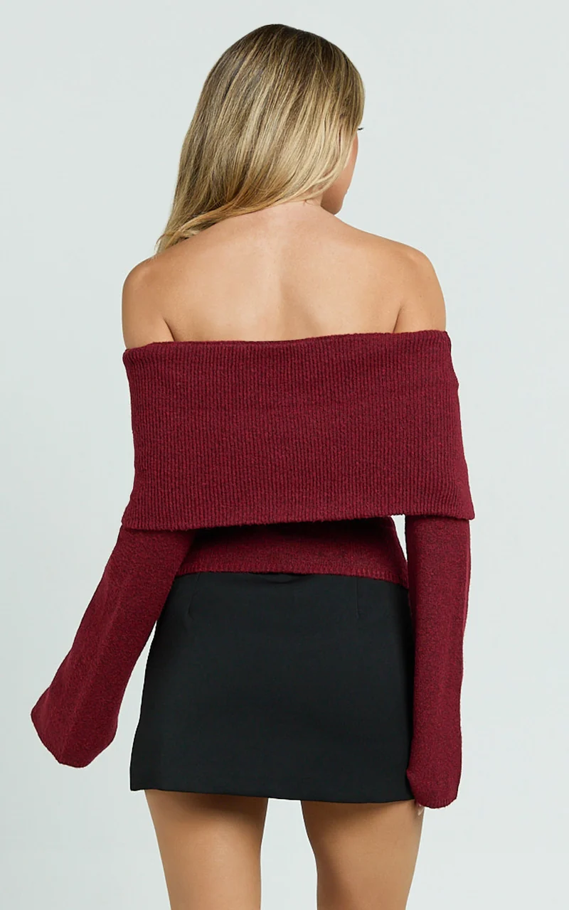 Darcie Top - Off Shoulder Long Sleeve Knit Top in Wine