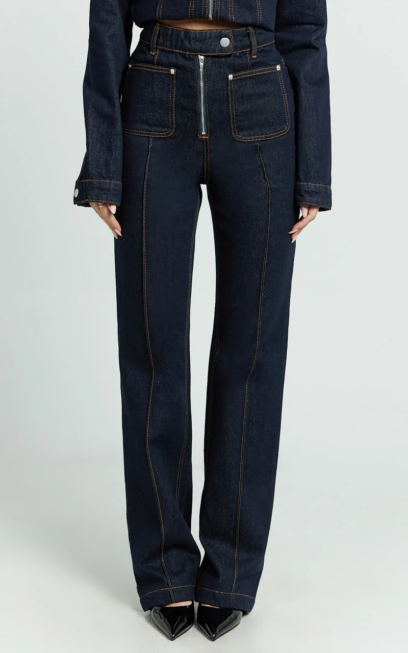 Celia Jeans - High Rise Straight Leg Jeans in Dark Blue Wash