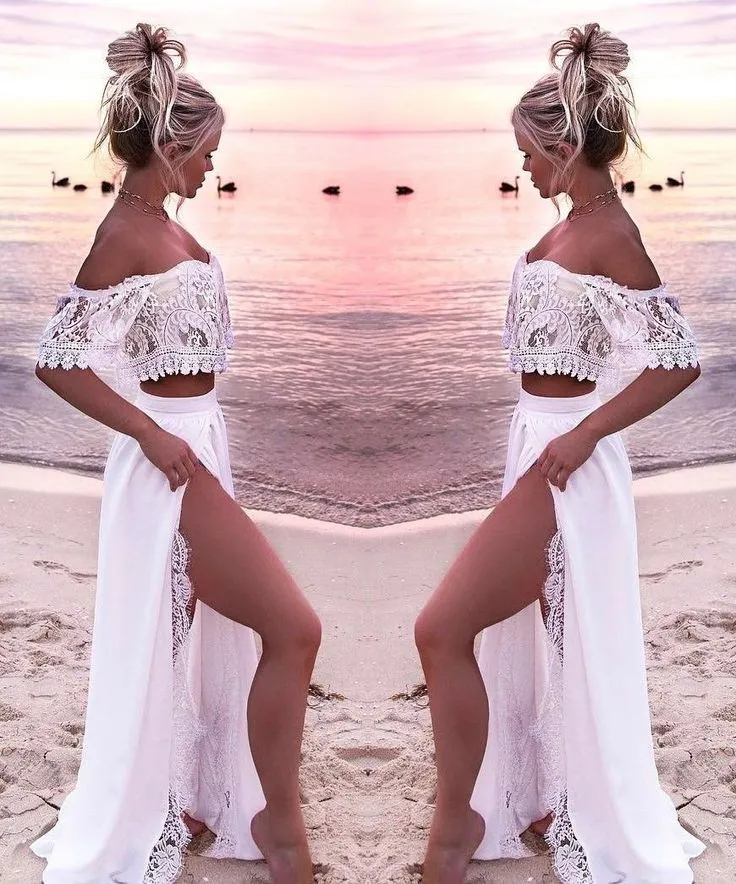 Robe de mariée deux pièces de plage en dentelle à épaules dénudées