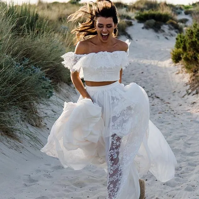 Robe de mariée de plage deux pièces en dentelle fluide Boho