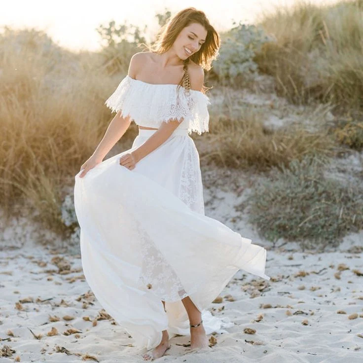 Robe de mariée de plage deux pièces en dentelle fluide Boho