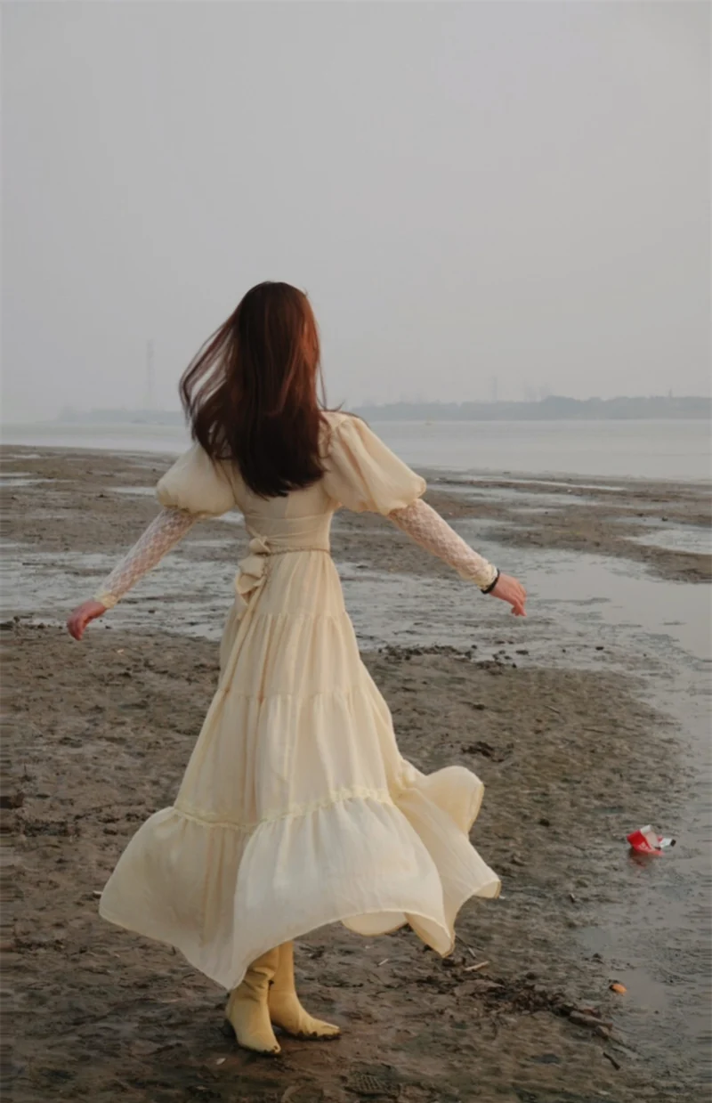 Robe longue vintage à l'ancienne à manches longues