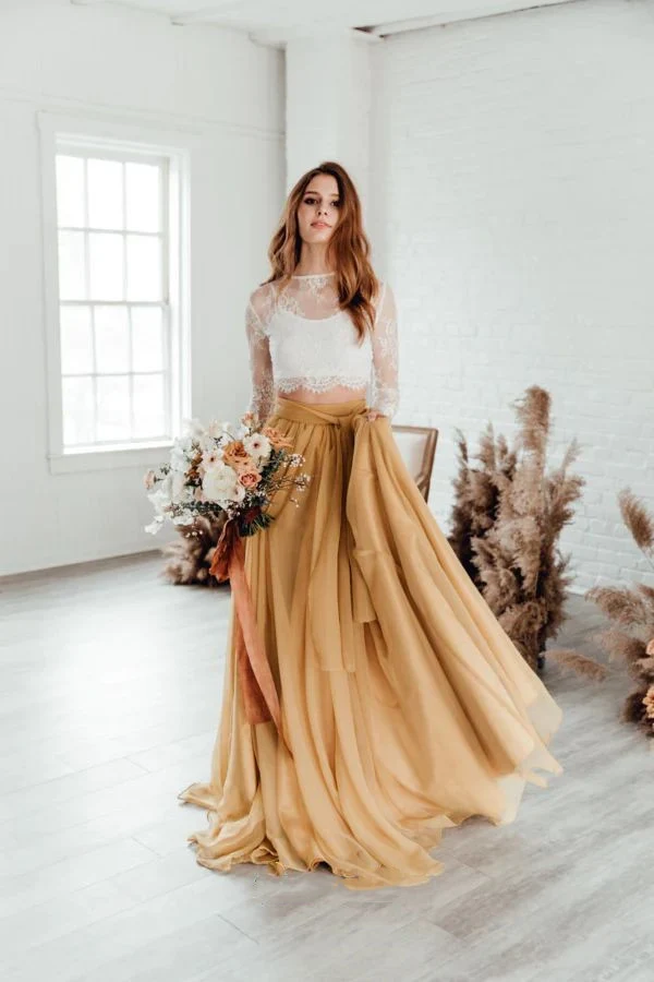 Robe de mariée deux pièces en dentelle à manches longues Boho