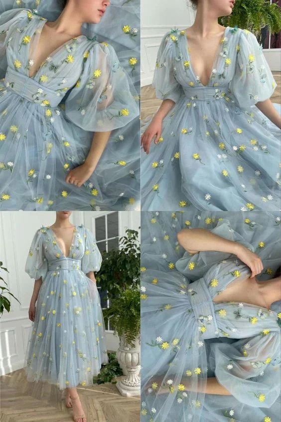 Robe de réception de mariage bleu poussiéreux, longueur thé, avec manches à bulles