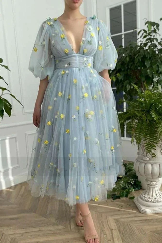 Robe de réception de mariage bleu poussiéreux, longueur thé, avec manches à bulles