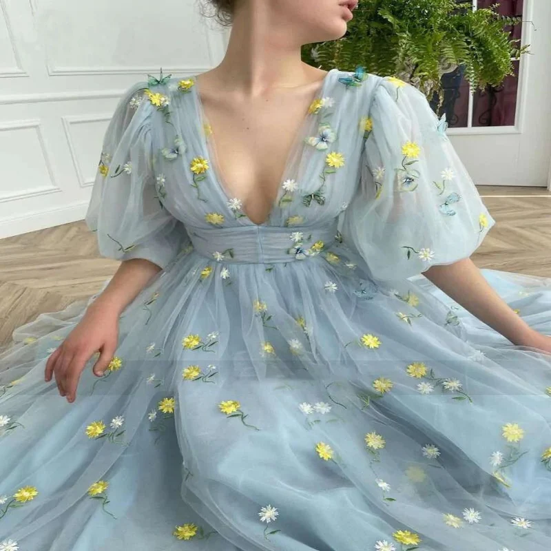 Robe de réception de mariage bleu poussiéreux, longueur thé, avec manches à bulles