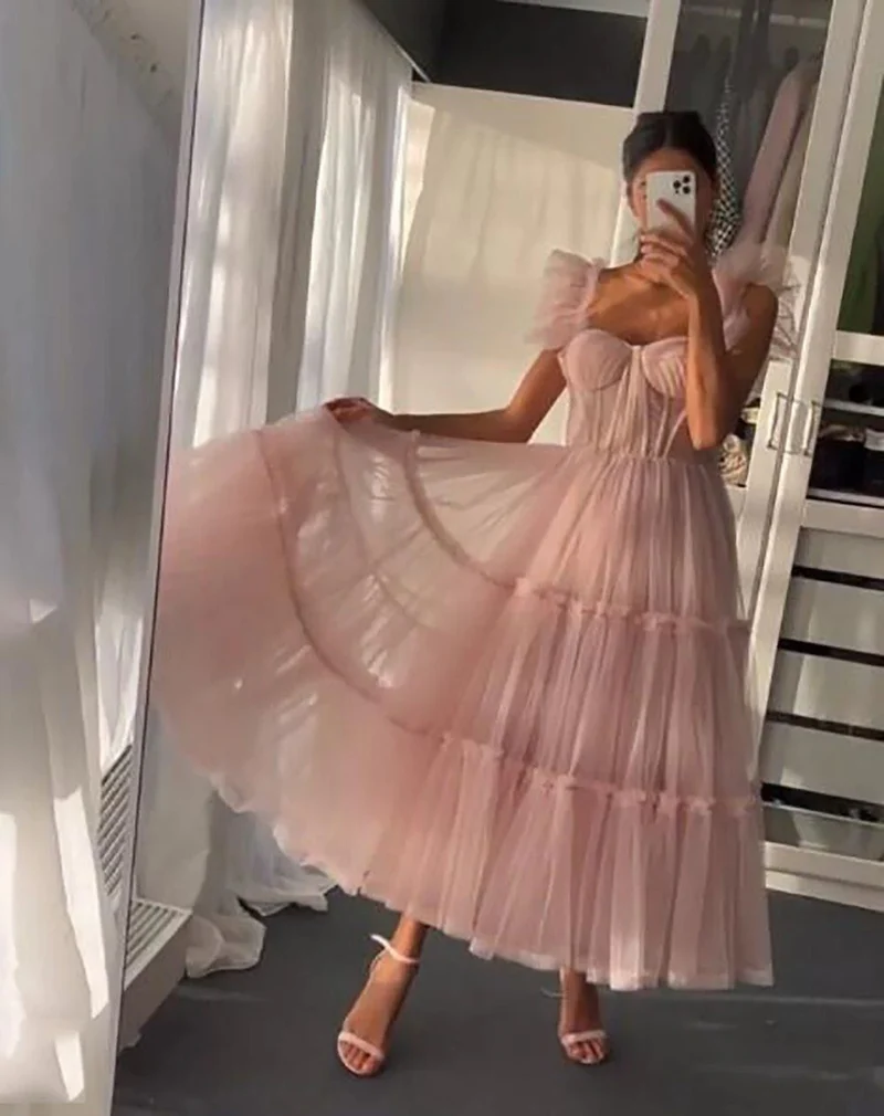 Dusty Rose - Robe de bal en tulle longueur thé Teried
