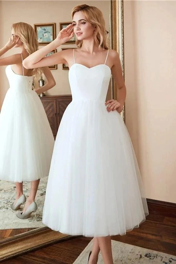 Robe de réception de mariage courte en tulle des années 50 avec bretelles spaghetti