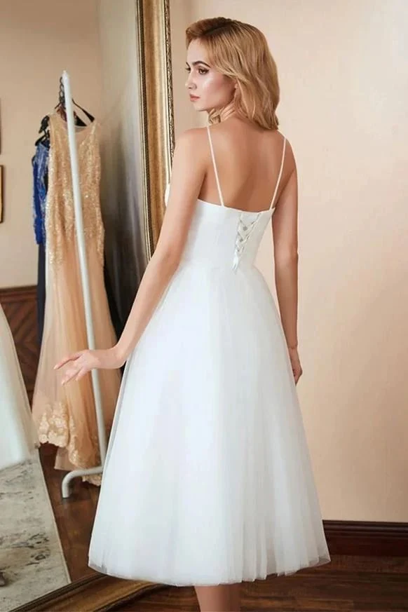 Robe de réception de mariage courte en tulle des années 50 avec bretelles spaghetti