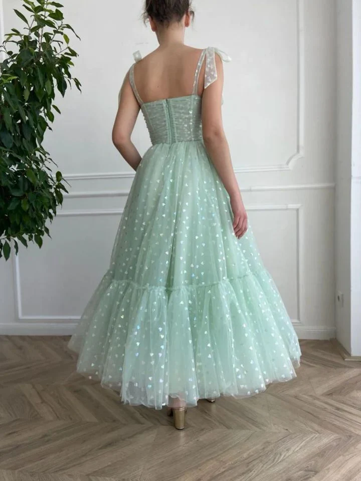 Robe de bal en tulle vert menthe, longueur thé, robe de réception de mariage