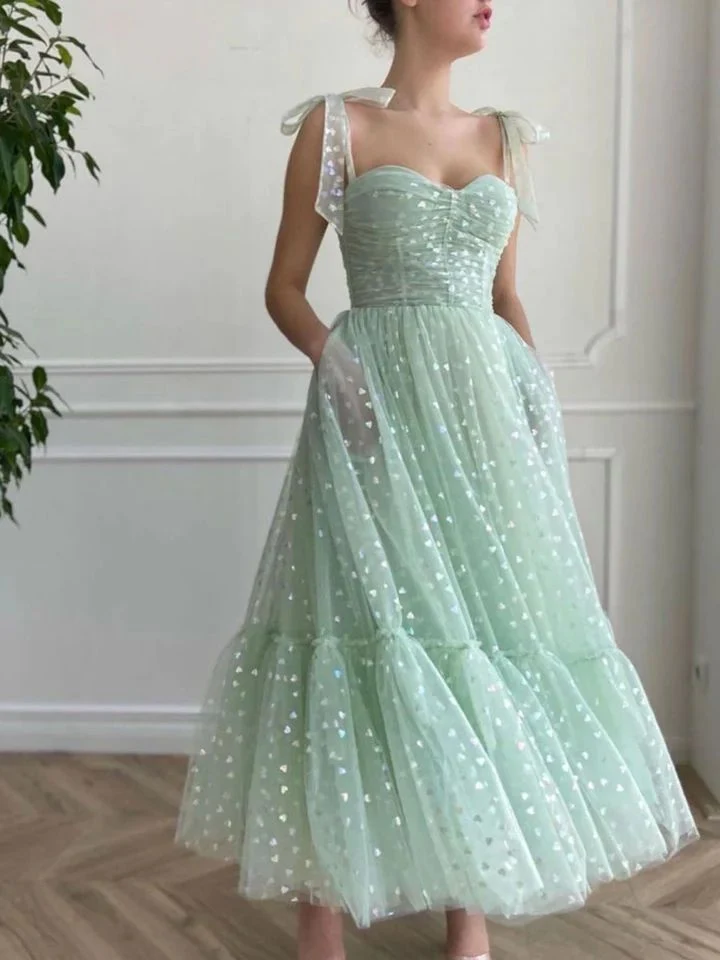 Robe de bal en tulle vert menthe, longueur thé, robe de réception de mariage