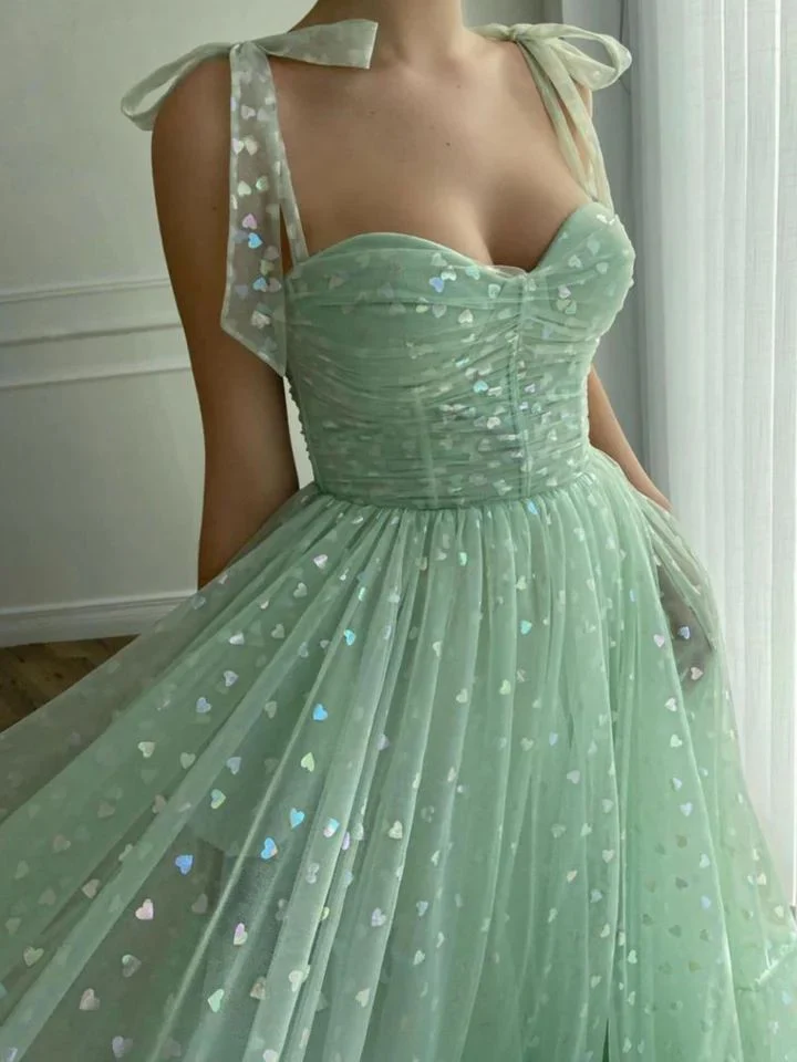 Robe de bal en tulle vert menthe, longueur thé, robe de réception de mariage