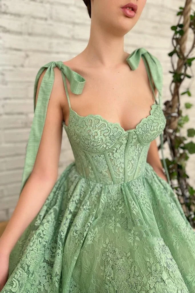 Robe d'invité de mariage en dentelle, longueur thé vert sauge, robe de bal