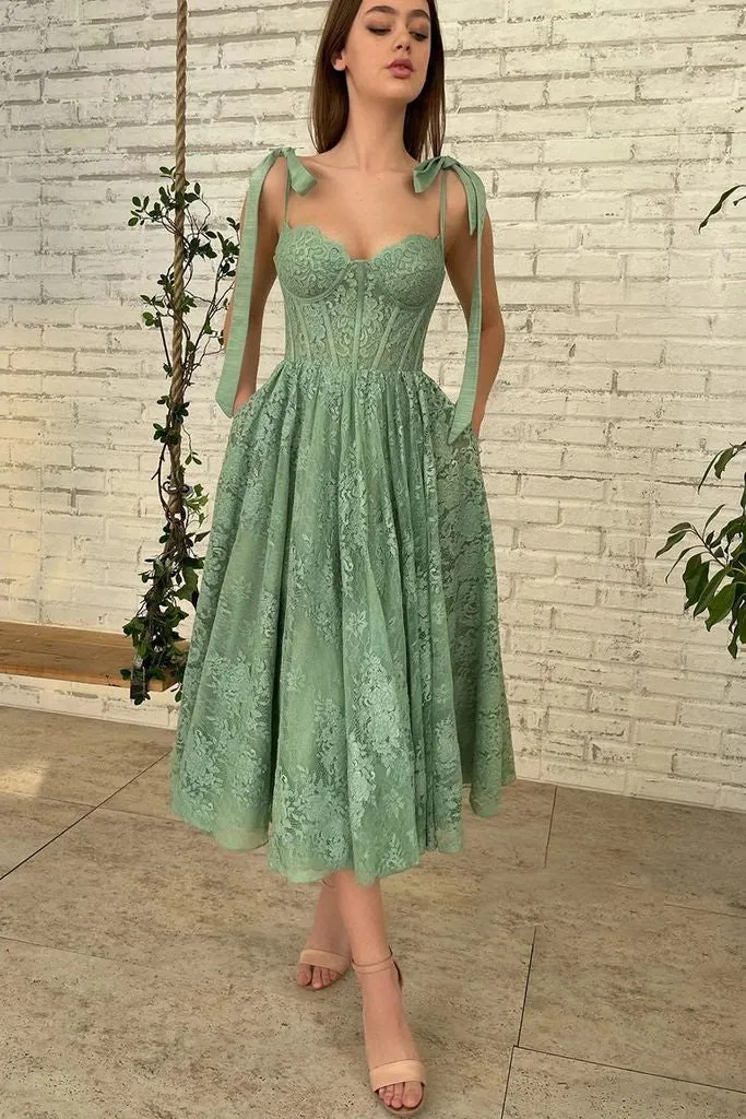 Robe d'invité de mariage en dentelle, longueur thé vert sauge, robe de bal