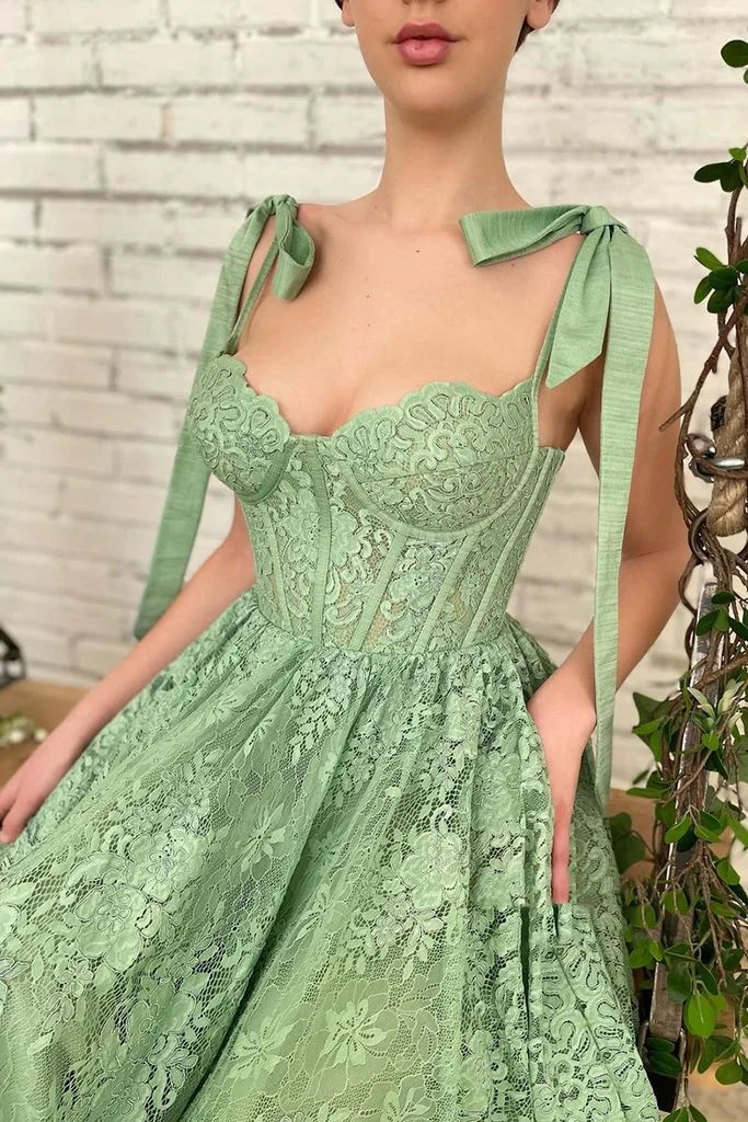 Robe d'invité de mariage en dentelle, longueur thé vert sauge, robe de bal