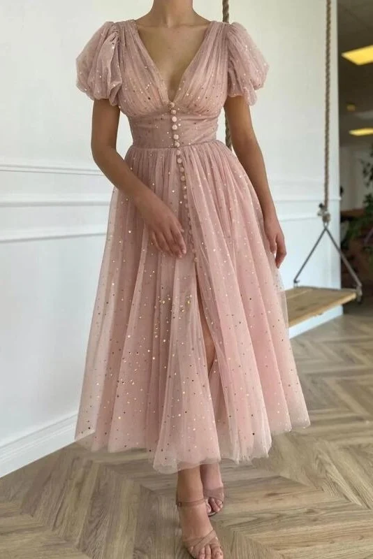 Robe d'invité de mariage longueur mollet rose poussiéreuse, robe de soirée cocktail