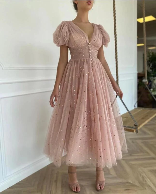 Robe d'invité de mariage longueur mollet rose poussiéreuse, robe de soirée cocktail