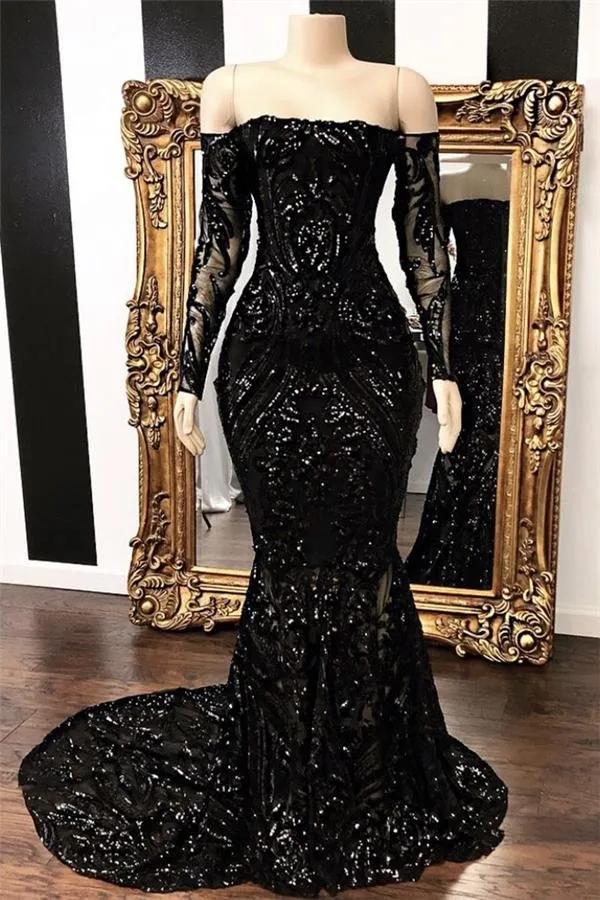 Robe d'invité de mariage sirène à paillettes noires avec manches