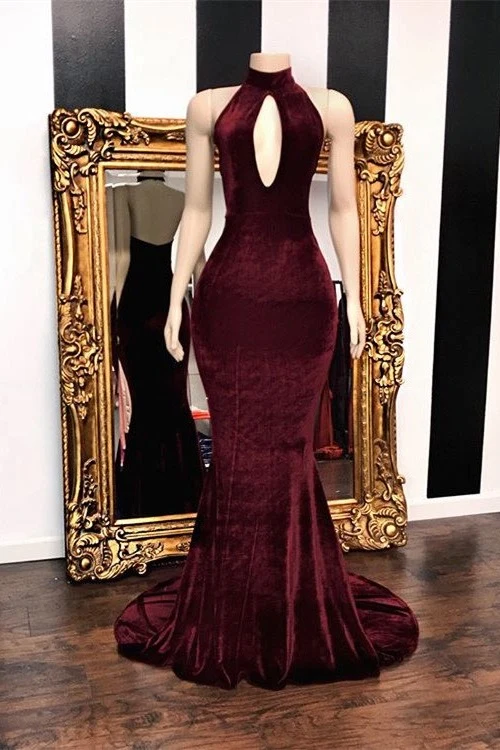 Robe d'invité de mariage sirène marron en velours licou