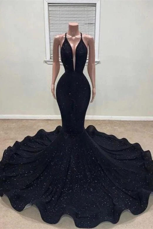 Robe de bal noire ajustée et évasée à paillettes pour fille courbée