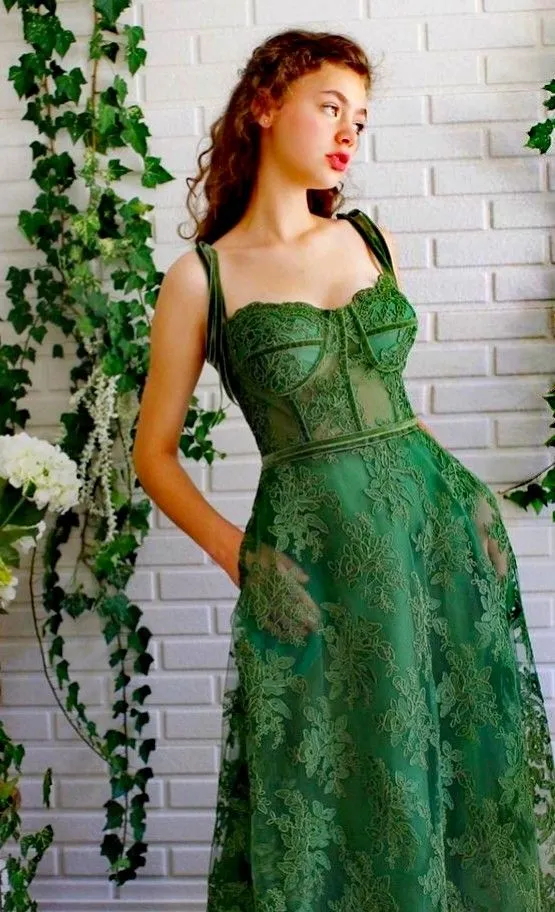 Robe de bal senior en dentelle verte, robe de remise de diplôme