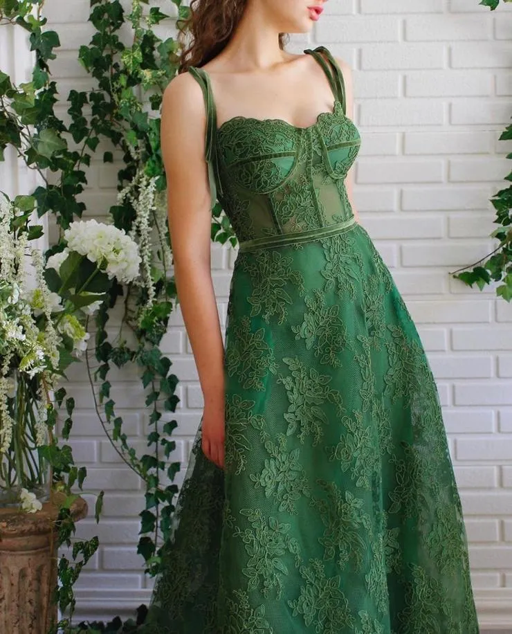 Robe de bal senior en dentelle verte, robe de remise de diplôme