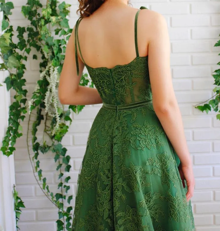 Robe de bal senior en dentelle verte, robe de remise de diplôme