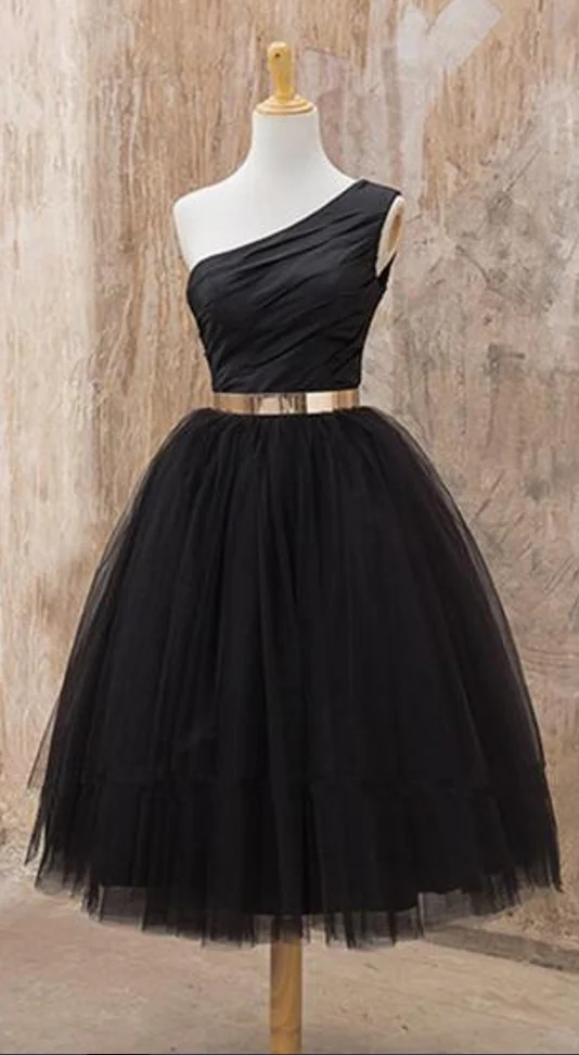 Robe de soirée courte noire à une épaule, robe de remise de diplôme de 8e année