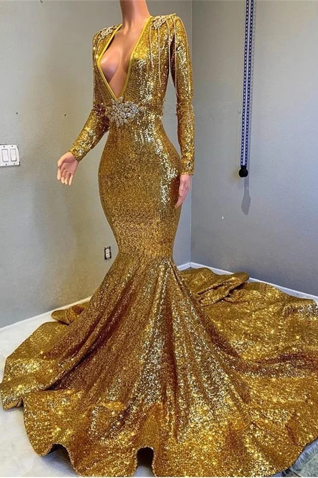 Robe de bal à manches longues et paillettes dorées pour filles noires courbées