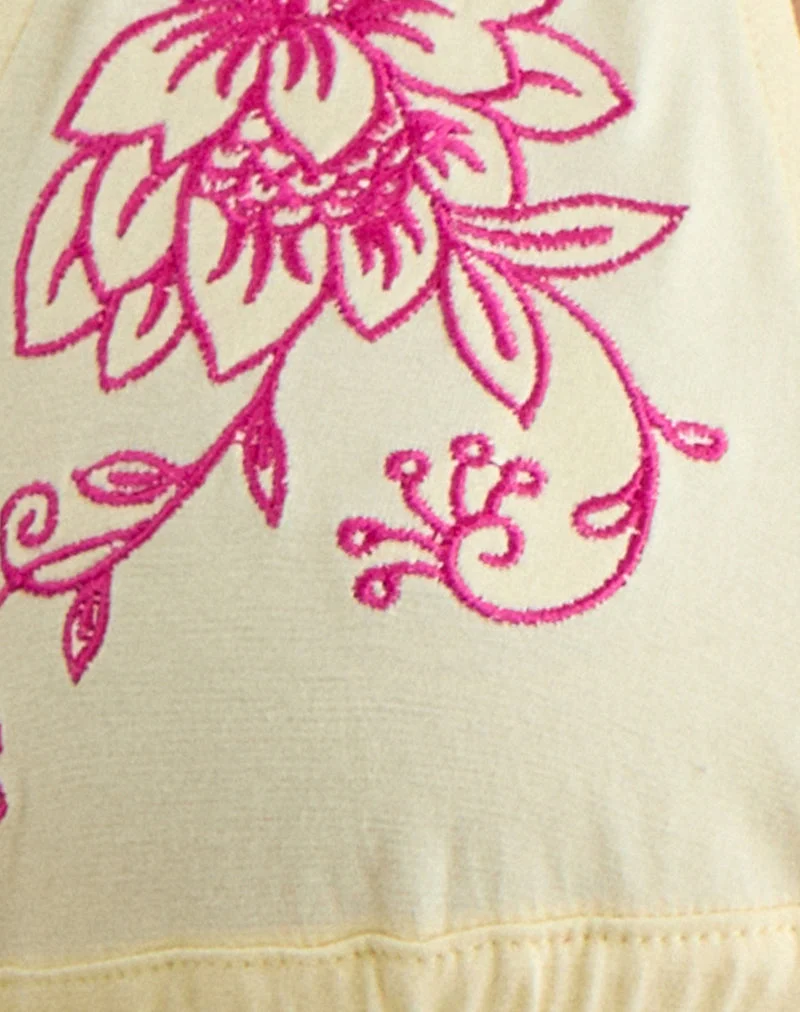 Kayria Tie Top in Lemon with Floral Pink Embroidery