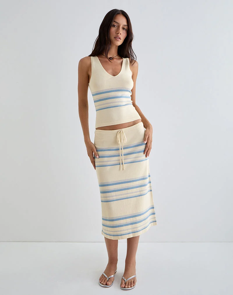 Jupe midi Amalia, crème avec rayures bleues et grises