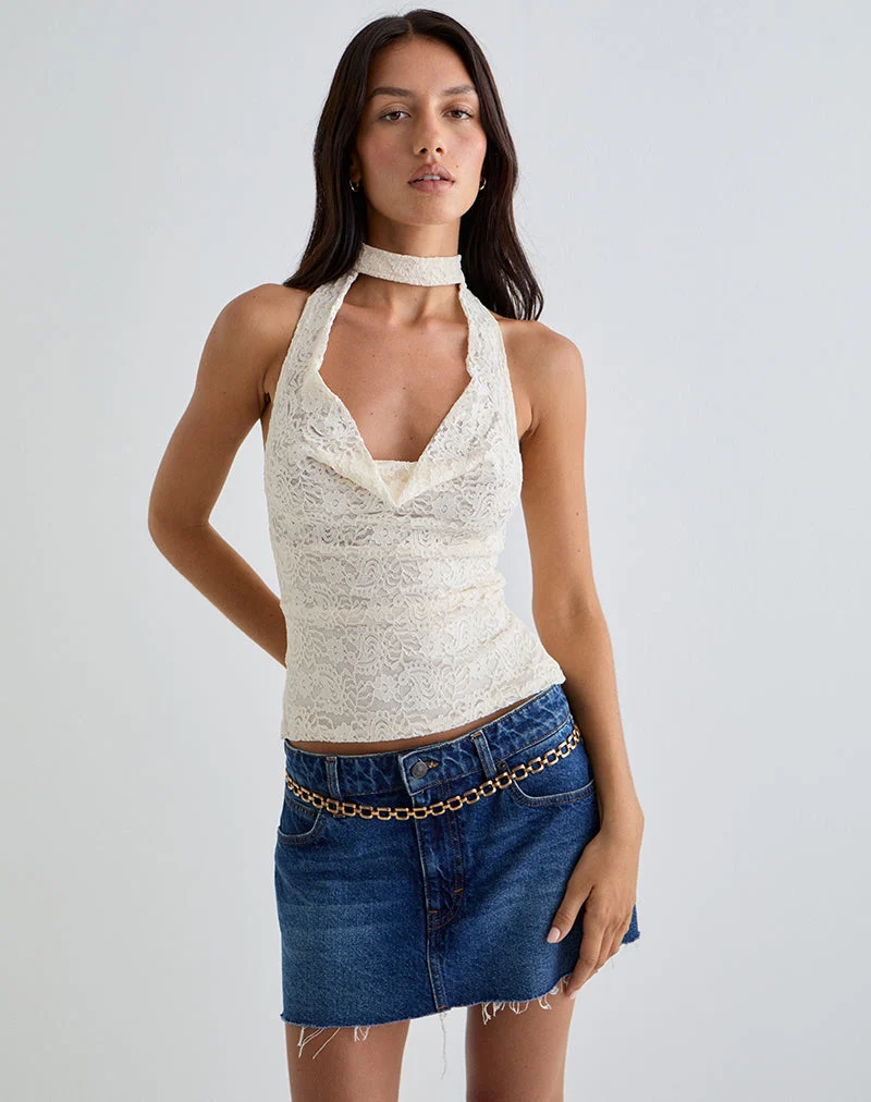 Samwell Halterneck Top in Paisley Lace Ivory (Top dos nu en dentelle pâtissière)
