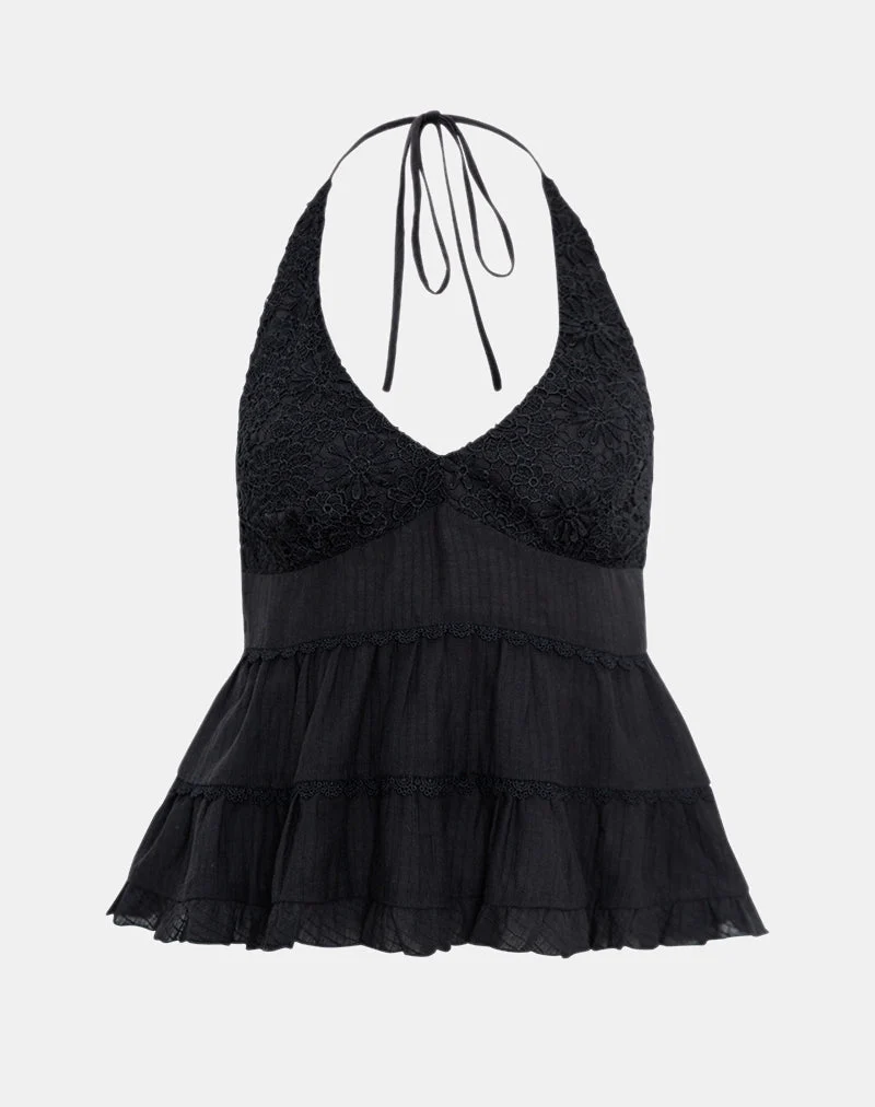 Juanita Frill Halter Neck Top in Black