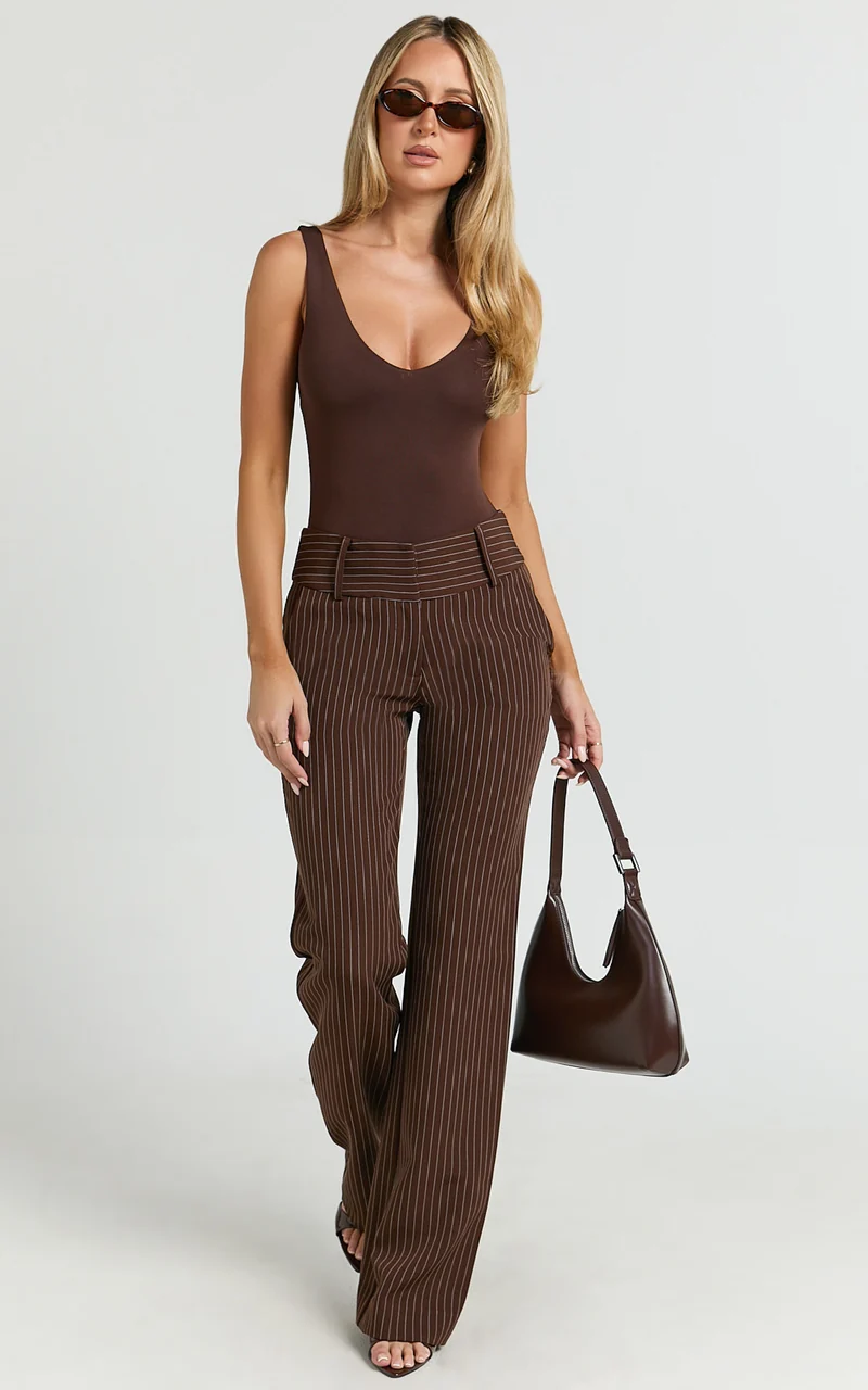 Elliot Pants - Mid Rise Pinstripe Bootleg Pants in Brown Stripe