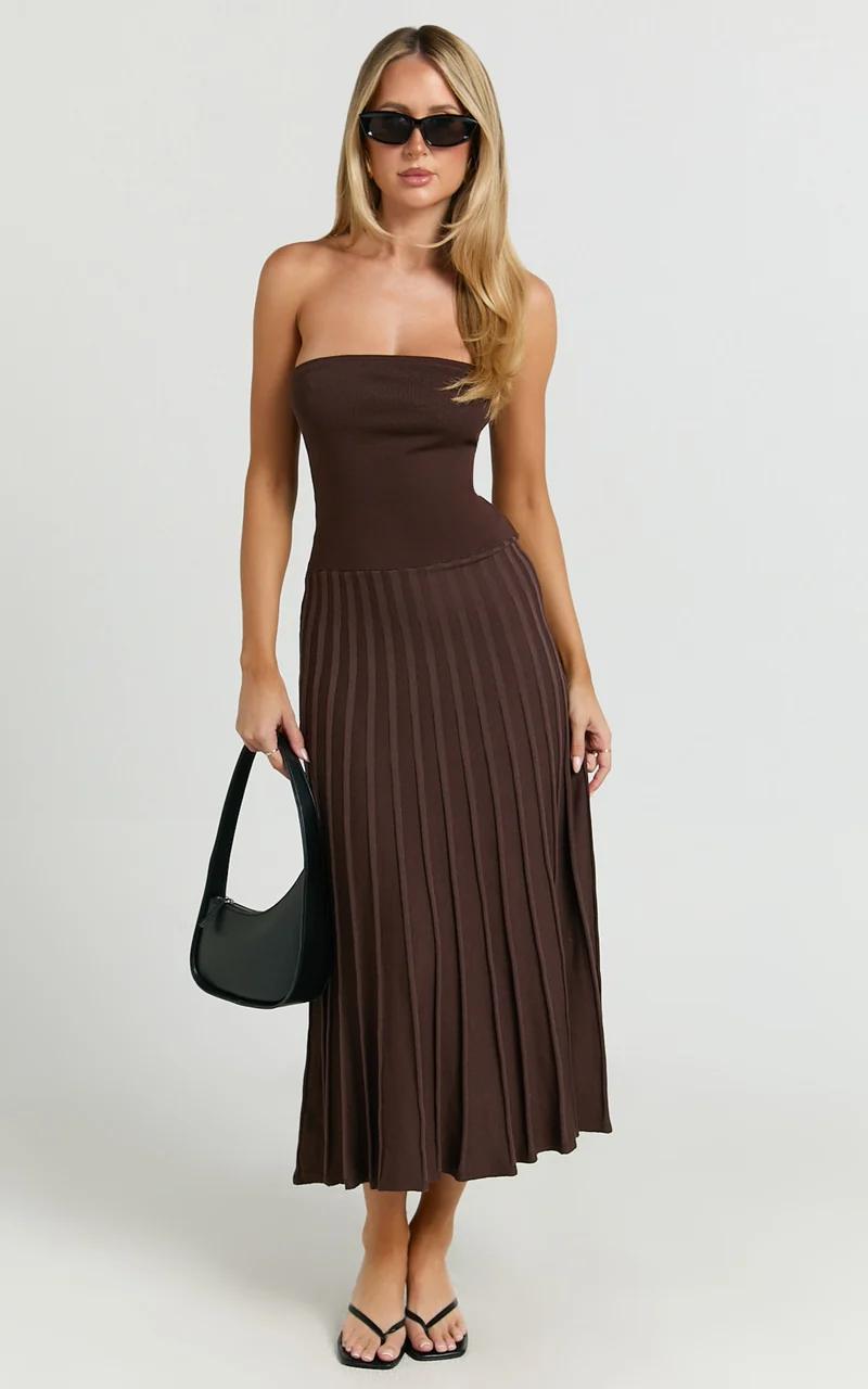 Paris Midi Dress - Strapless Drop Waist Pleated Knit Dress in Chocolate
