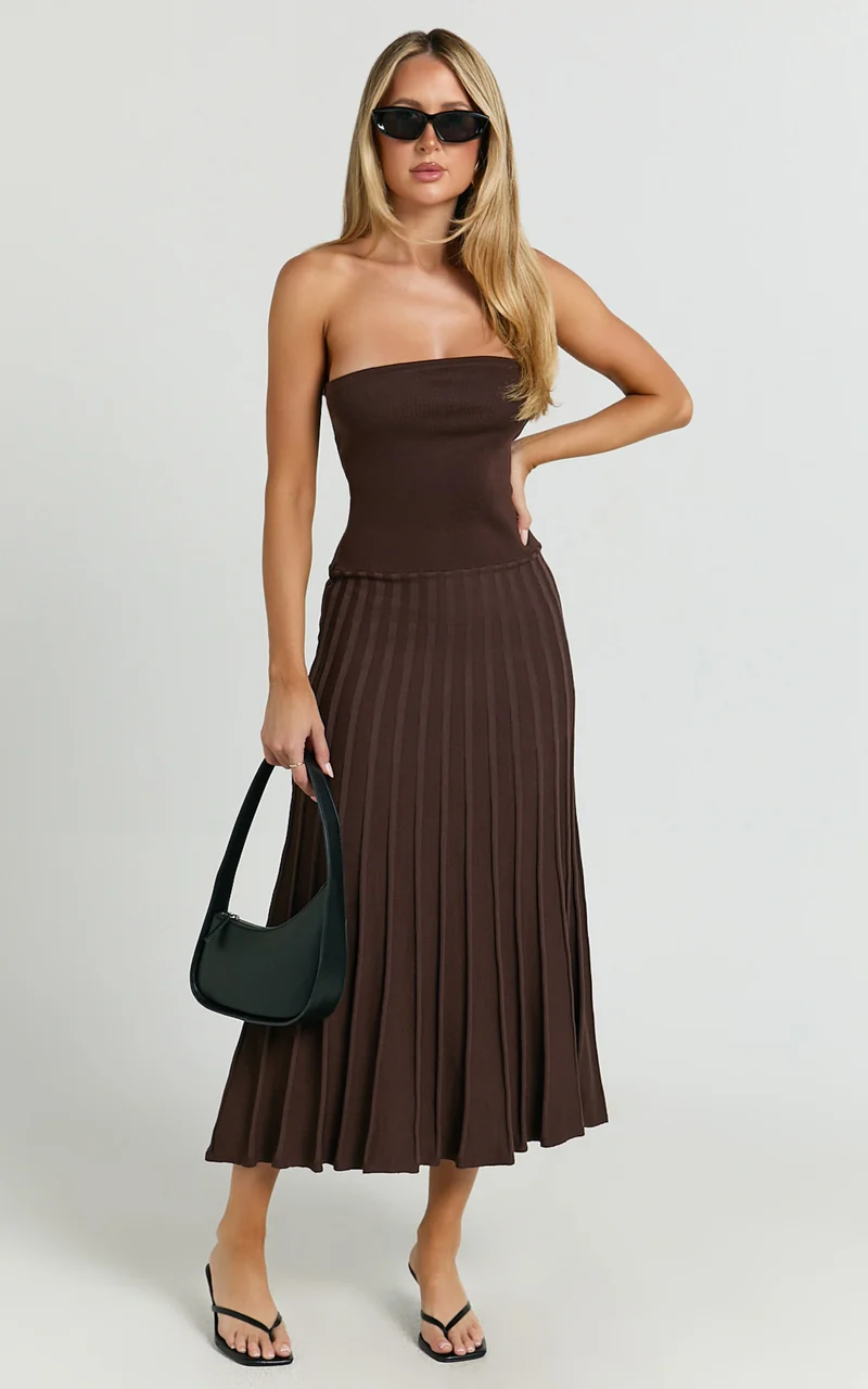 Paris Midi Dress - Strapless Drop Waist Pleated Knit Dress in Chocolate