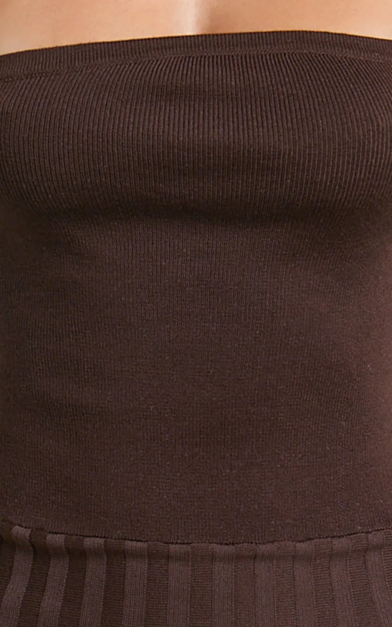 Paris Midi Dress - Strapless Drop Waist Pleated Knit Dress in Chocolate