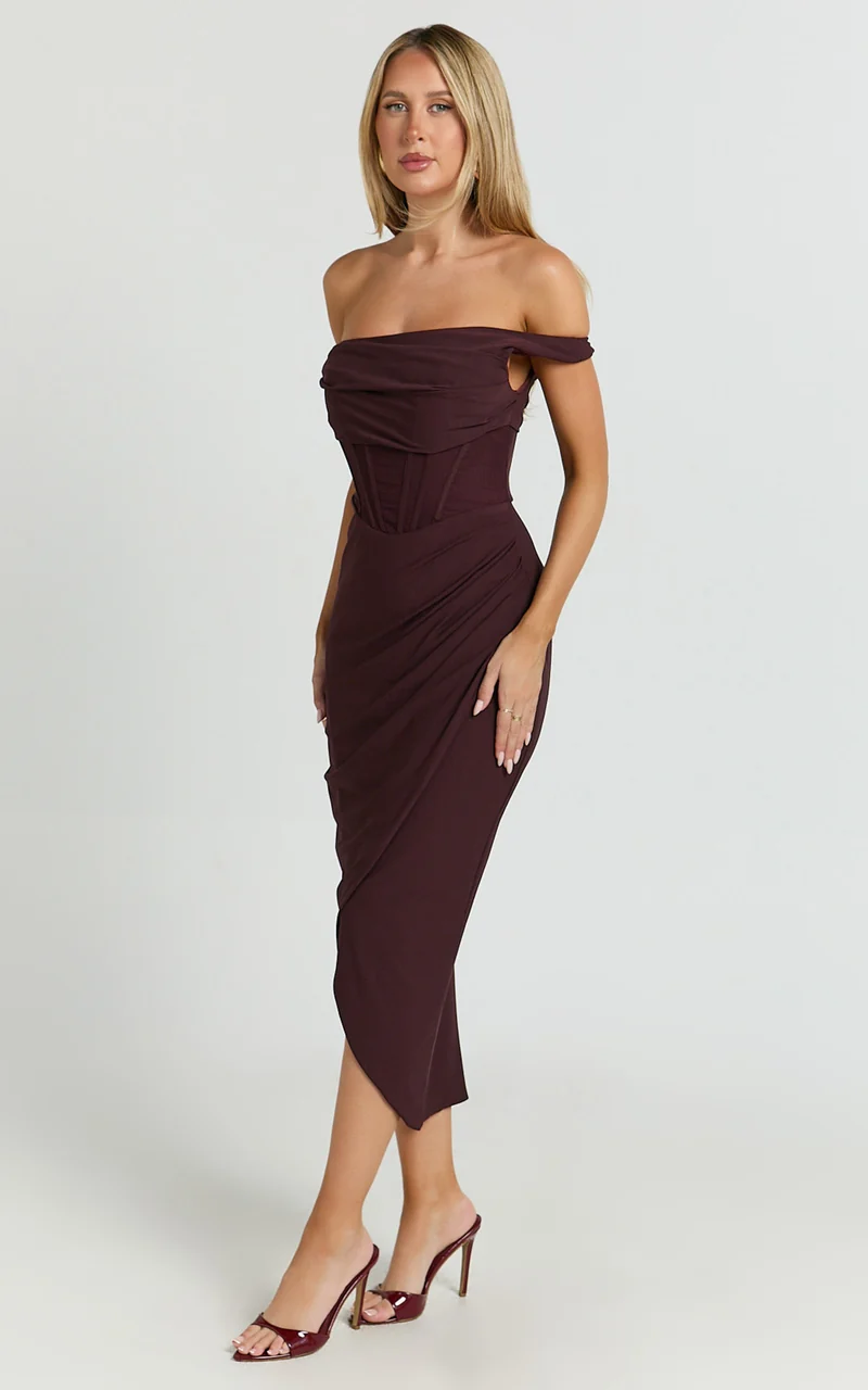 Aidia Midi Dress - Off Shoulder Draped Corset Dress in Burgundy