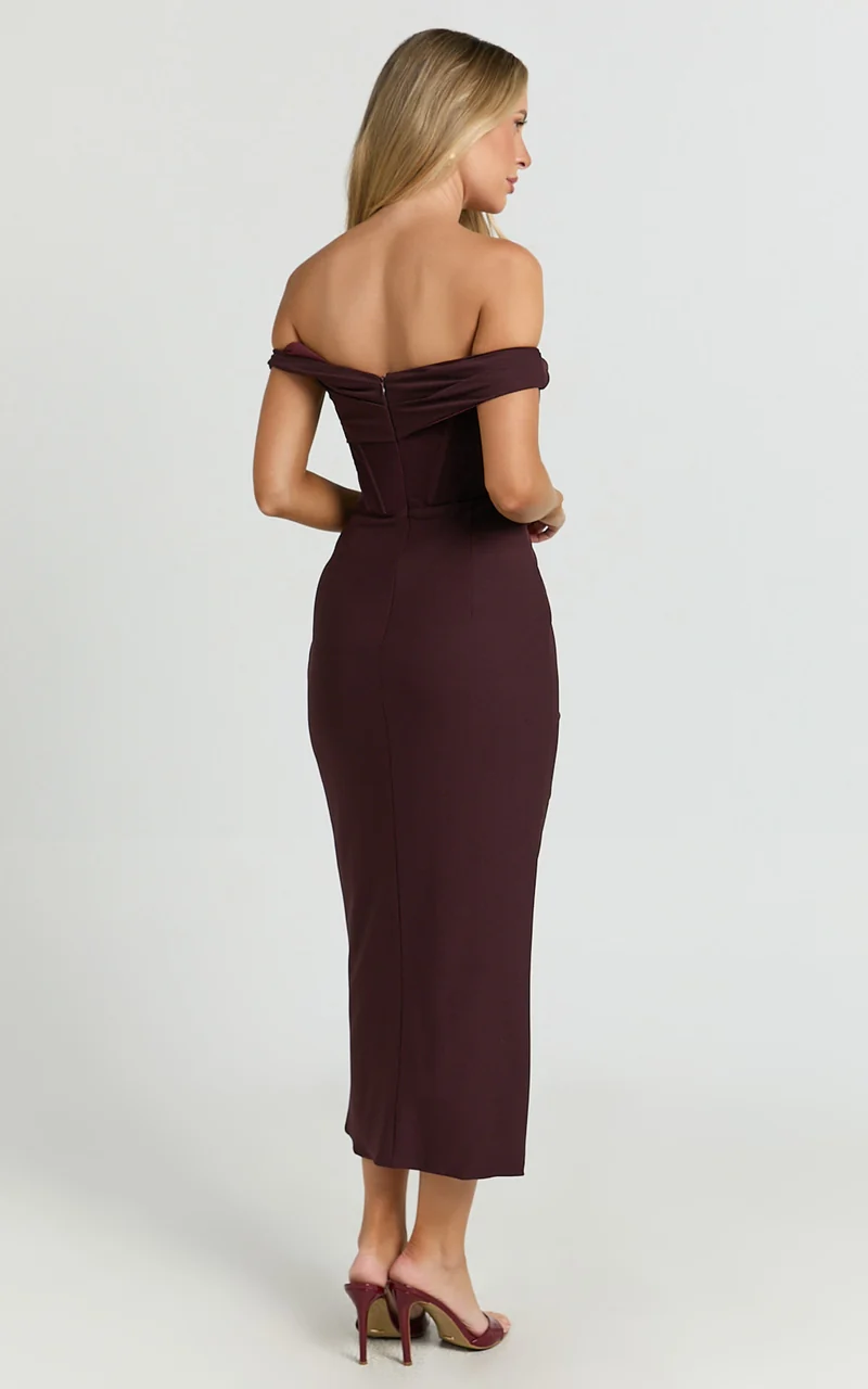 Aidia Midi Dress - Off Shoulder Draped Corset Dress in Burgundy