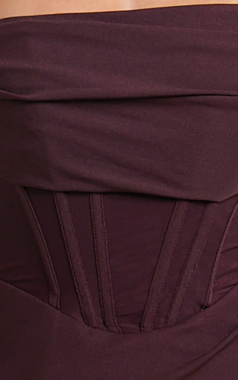Aidia Midi Dress - Off Shoulder Draped Corset Dress in Burgundy