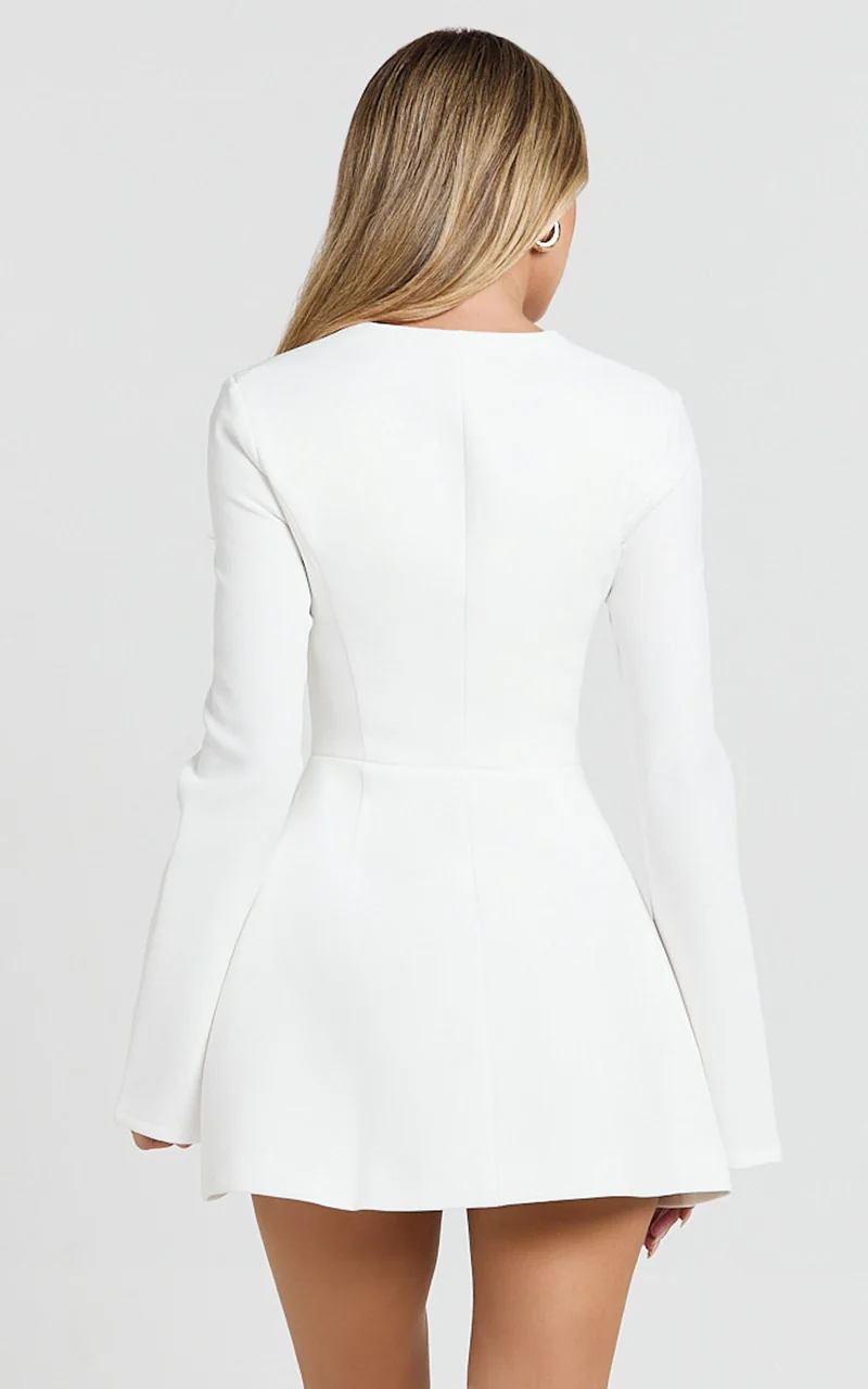 Lausanne Mini Dress - Sweetheart Neck Long Sleeve Zip Front Tulip Dress in White